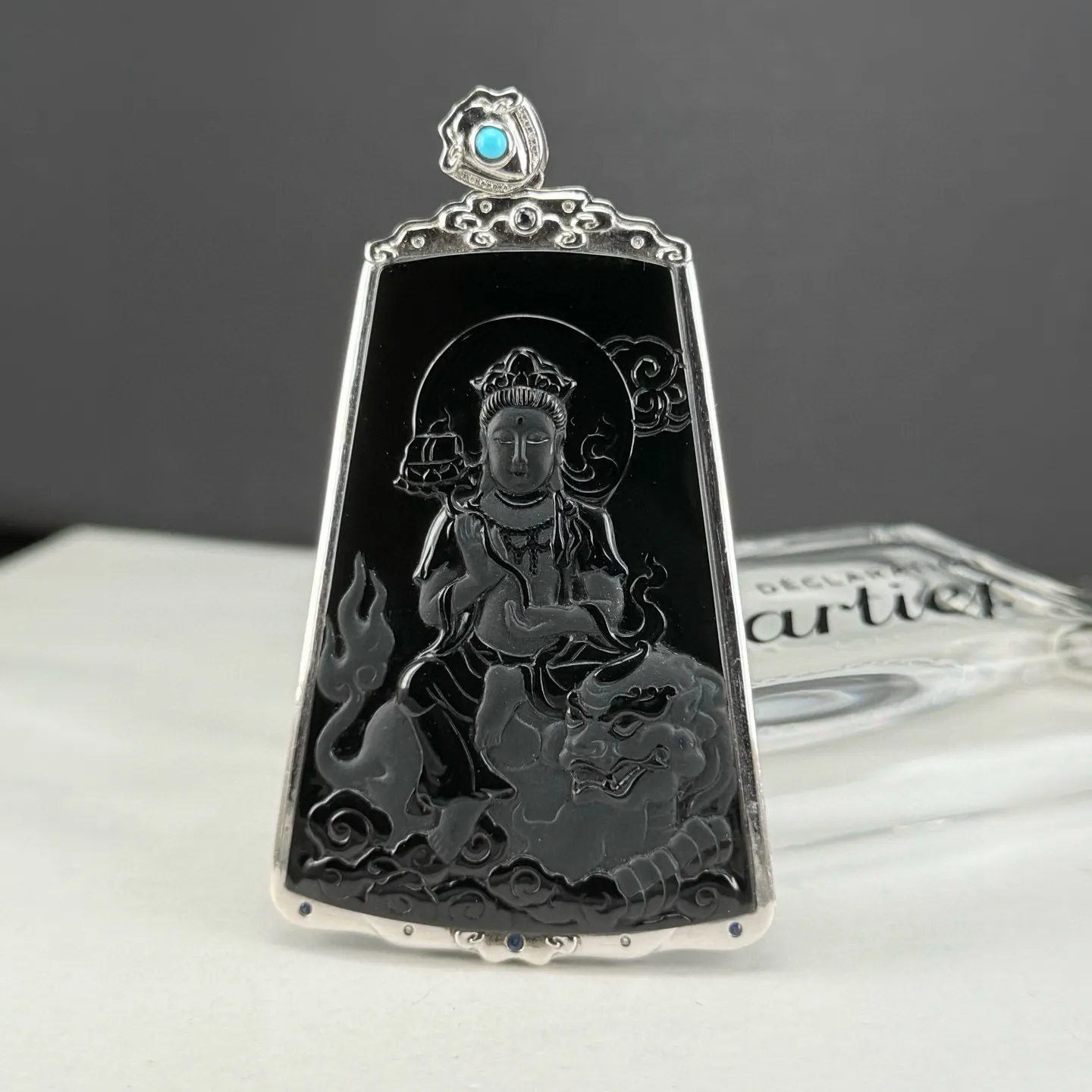 精品18k墨翠文殊菩萨 种老色正 黑度极好 打灯通透 油性十足 尺寸60.2