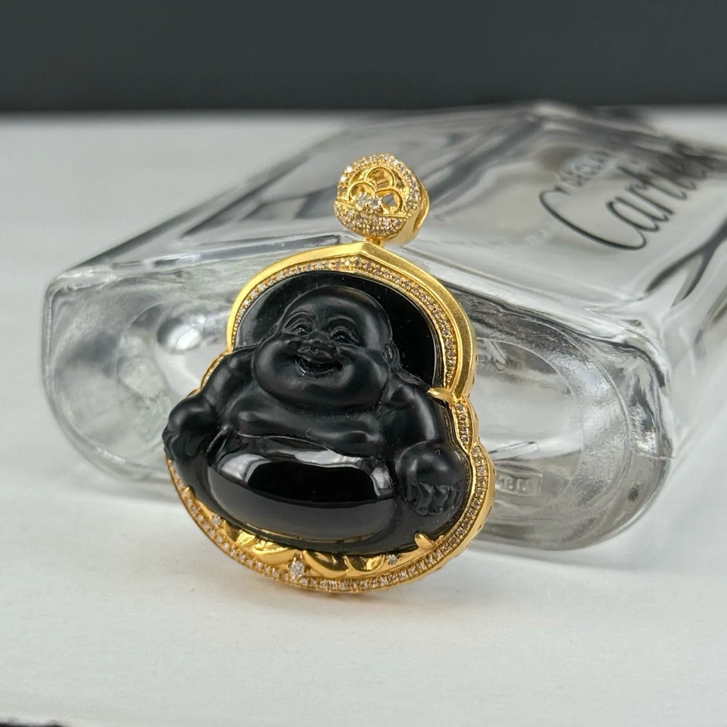 精品18k墨翠大肚佛 种好色正 黑度极好 打灯通透 油性十足 尺寸37.7