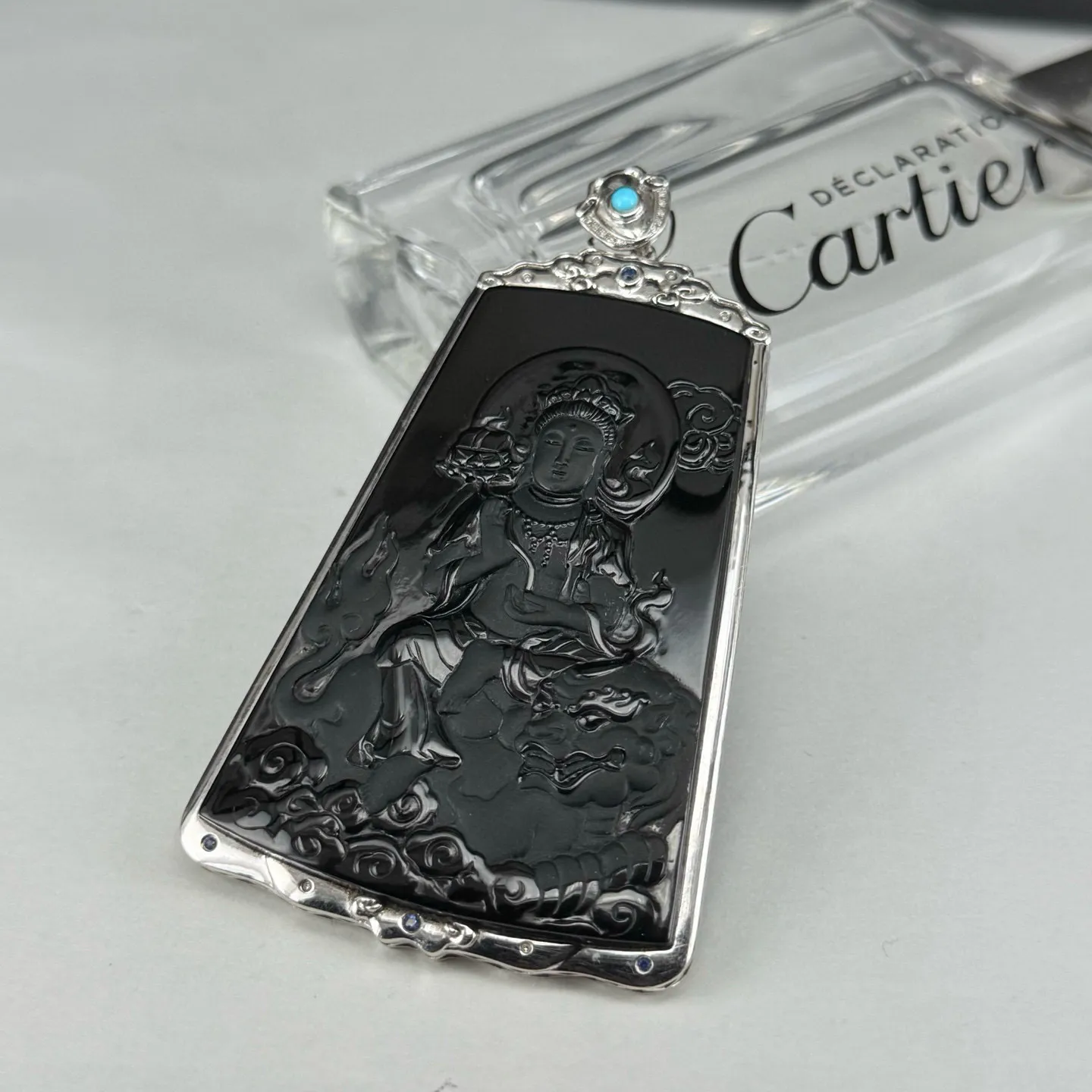 精品18k墨翠文殊菩萨 种老色正 黑度极好 打灯通透 油性十足 尺寸60.2