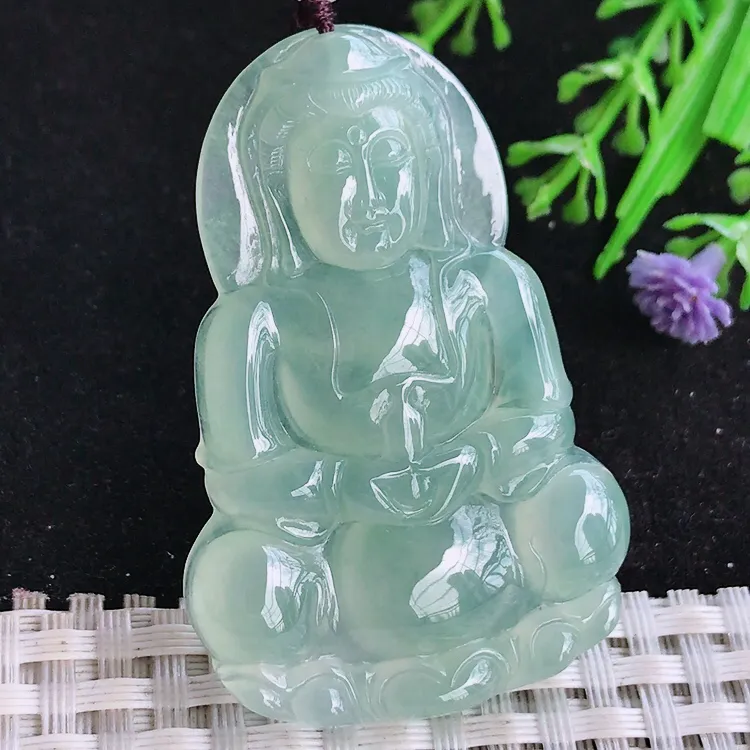 自然光51.5/34.8/5.3老坑冰种果冻胶冰晴满绿观音菩萨吊坠玉石玉坠挂件