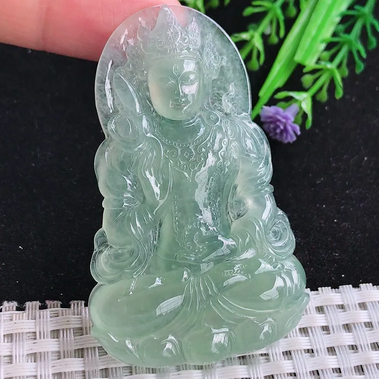 自然光64.3/40/5.8老坑冰种果冻胶冰晴绿满绿度母菩萨吊坠玉石玉坠挂件