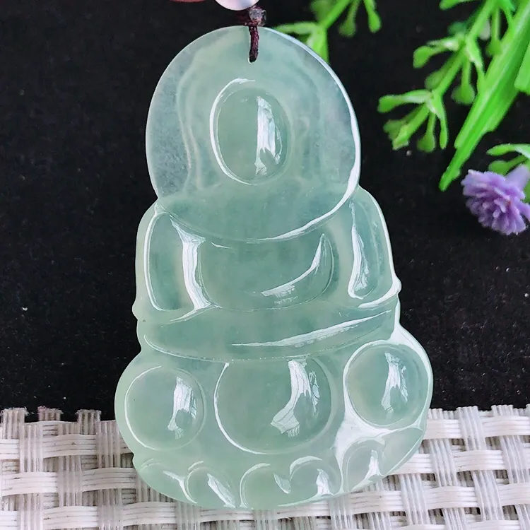 自然光51.5/34.8/5.3老坑冰种果冻胶冰晴满绿观音菩萨吊坠玉石玉坠挂件