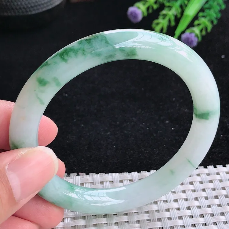 自然光56.5/9.4老坑冰润飘花圆条手镯翡翠玉镯美人镯