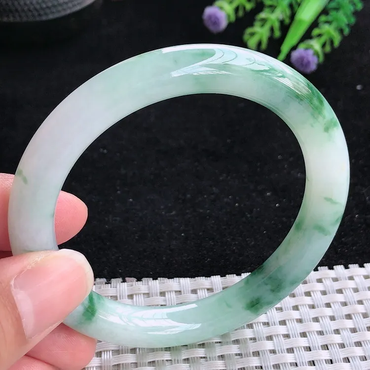 自然光56.5/9.4老坑冰润飘花圆条手镯翡翠玉镯美人镯