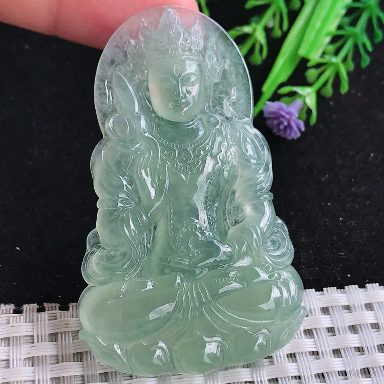 自然光64.3/40/5.8老坑冰种果冻胶冰晴绿满绿度母菩萨吊坠玉石玉坠挂件
