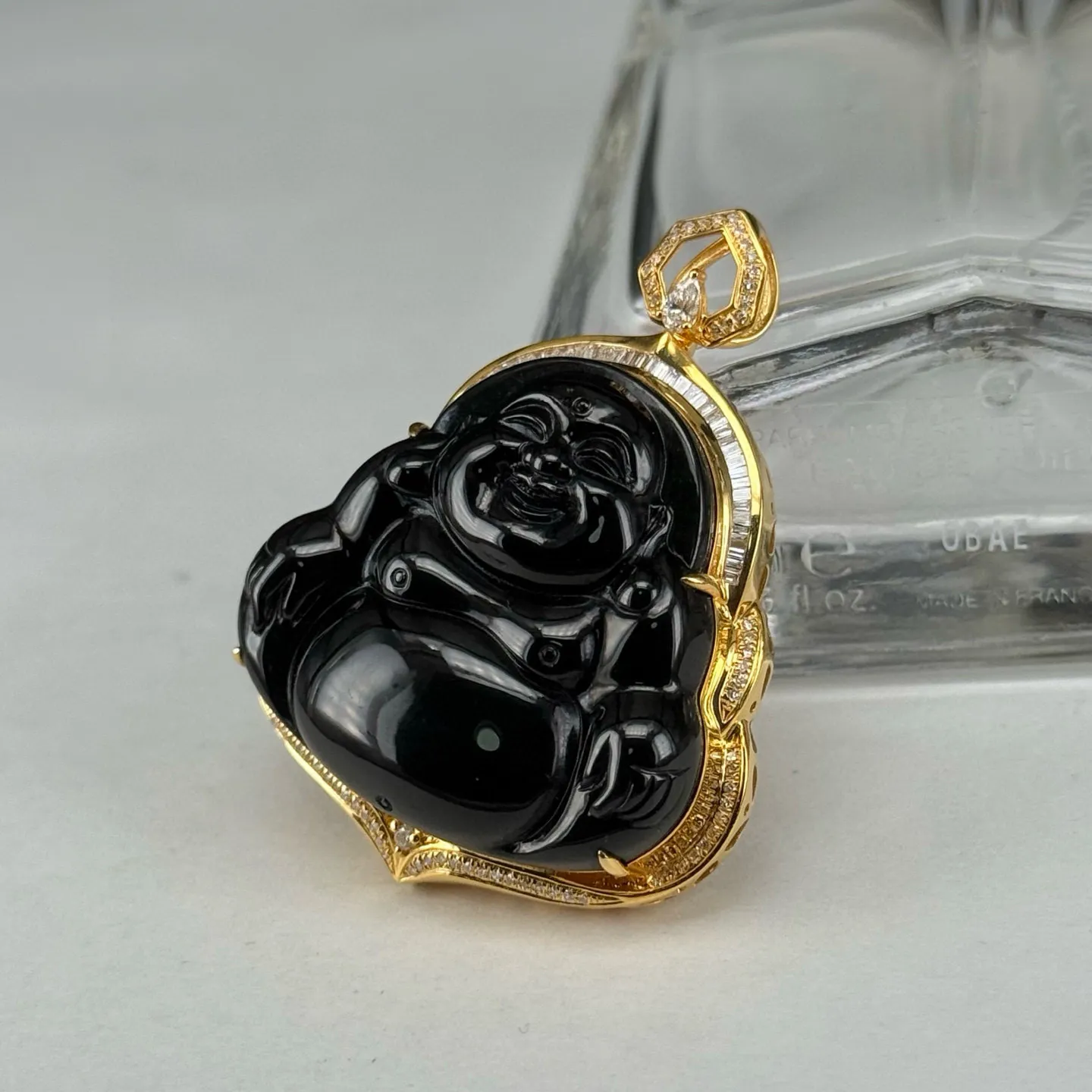 精品18k墨翠大肚佛 种好色正 黑度极好 打灯通透 油性十足 尺寸44.6