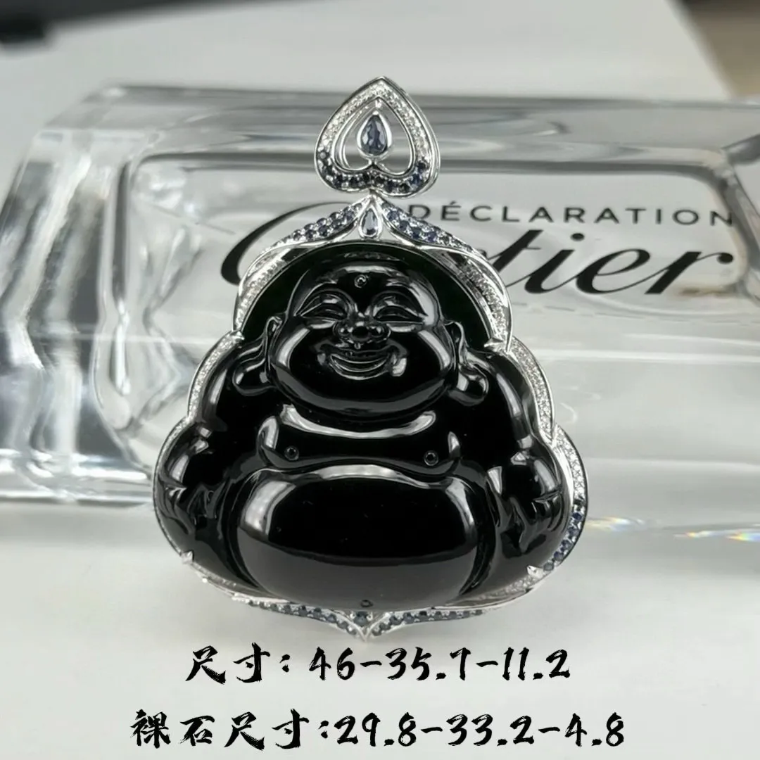 精品18k墨翠大肚佛 种好色正 黑度极好 打灯通透 油性十足 尺寸46