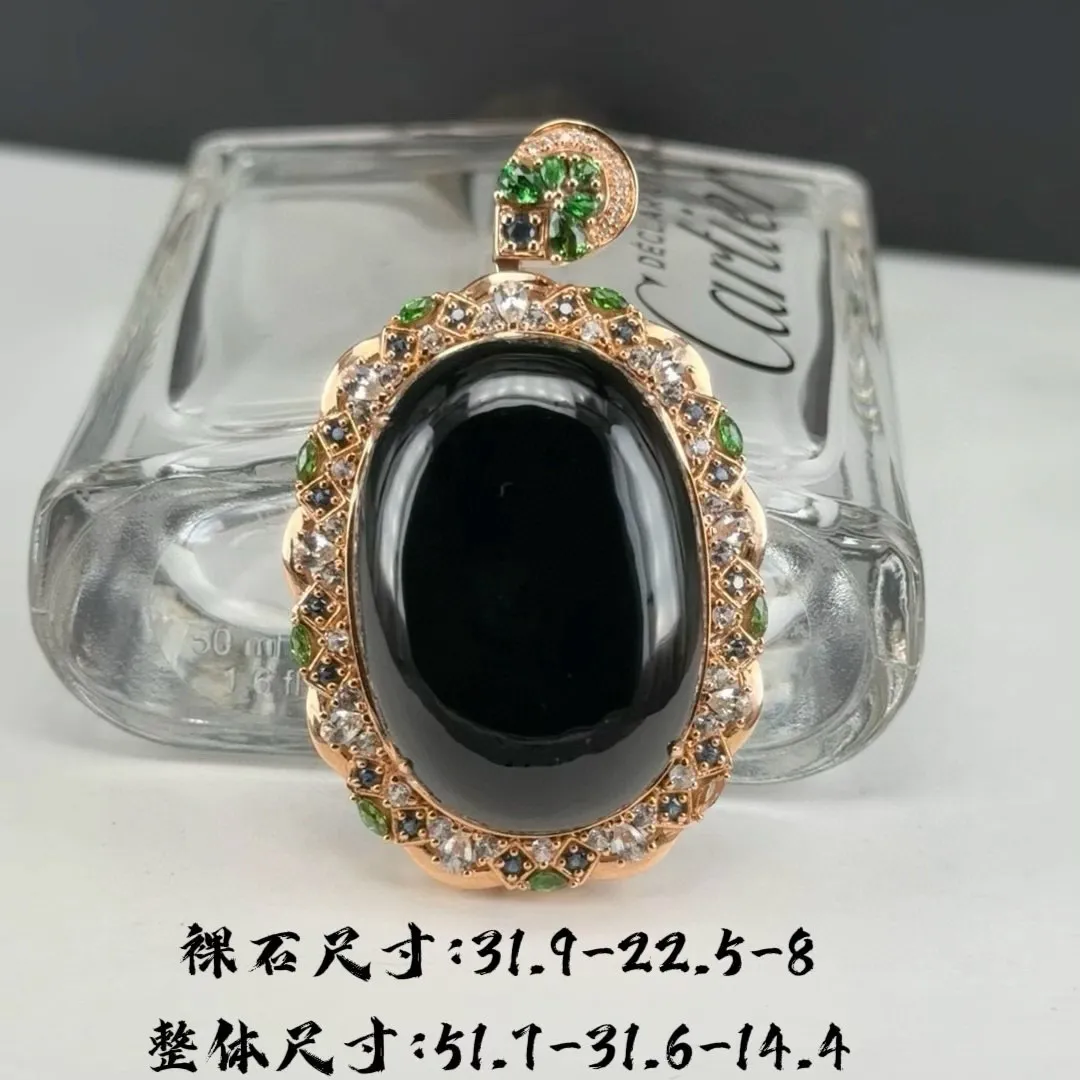 精品墨翠蛋面吊坠 种好色正 黑度极好 打灯通透 油性十足 尺寸51.7