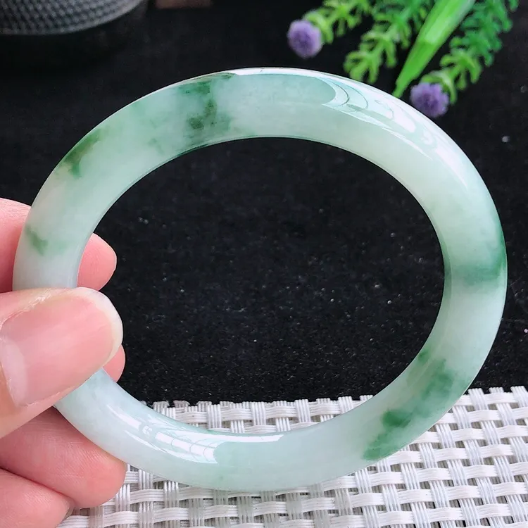 自然光56.5/9.4老坑冰润飘花圆条手镯翡翠玉镯美人镯