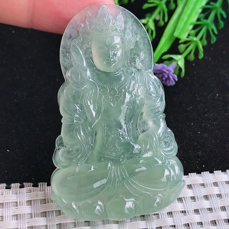 自然光64.3/40/5.8老坑冰种果冻胶冰晴绿满绿度母菩萨吊坠玉石玉坠挂件