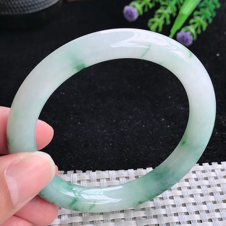 自然光56.5/9.4老坑冰润飘花圆条手镯翡翠玉镯美人镯