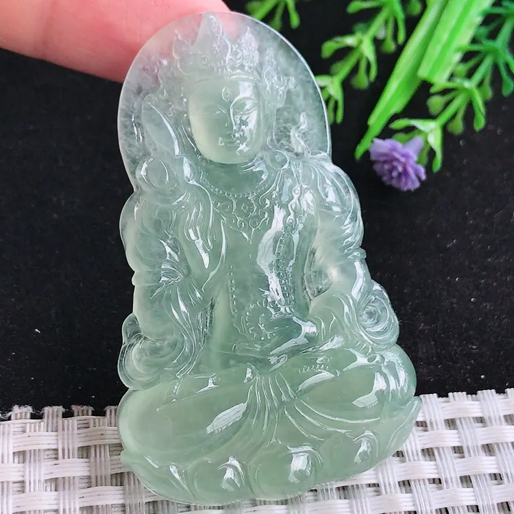 自然光64.3/40/5.8老坑冰种果冻胶冰晴绿满绿度母菩萨吊坠玉石玉坠挂件