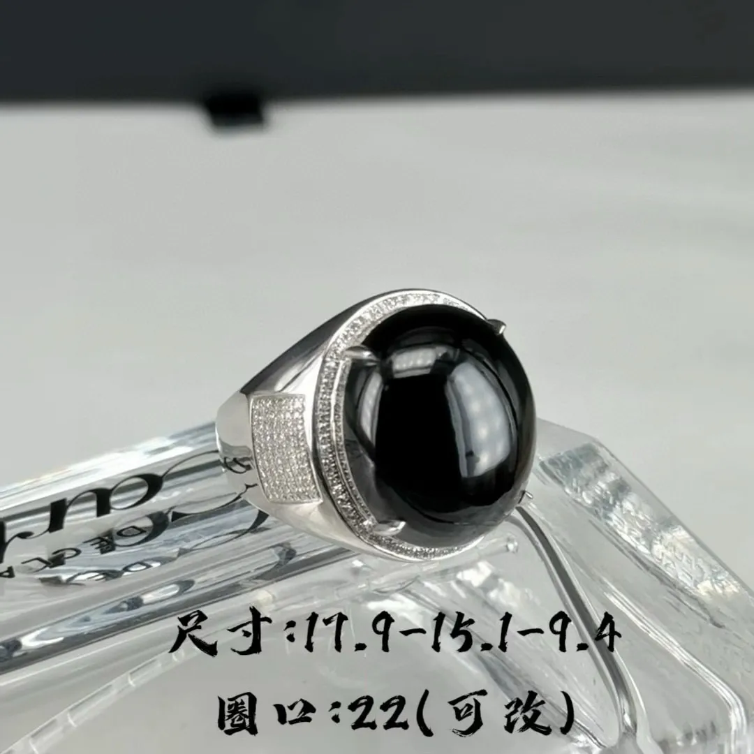 精品墨翠蛋面男戒 种好色正 黑度极好 打灯通透 油性十足 尺寸17.9