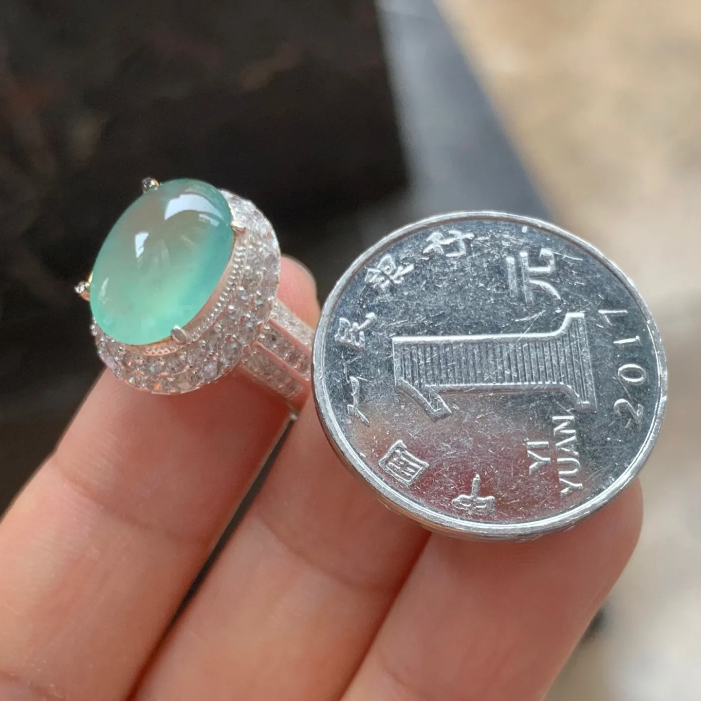 冰种晴水戒面 水润冰透 铜托