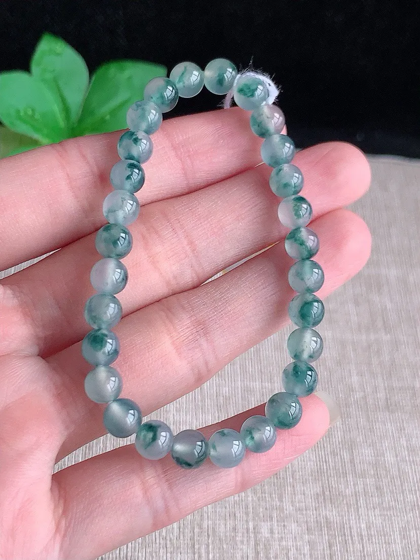 a货翡翠老坑冰种飘花圆珠佛珠手串28颗 尺寸6mm 重量11.90g 0627