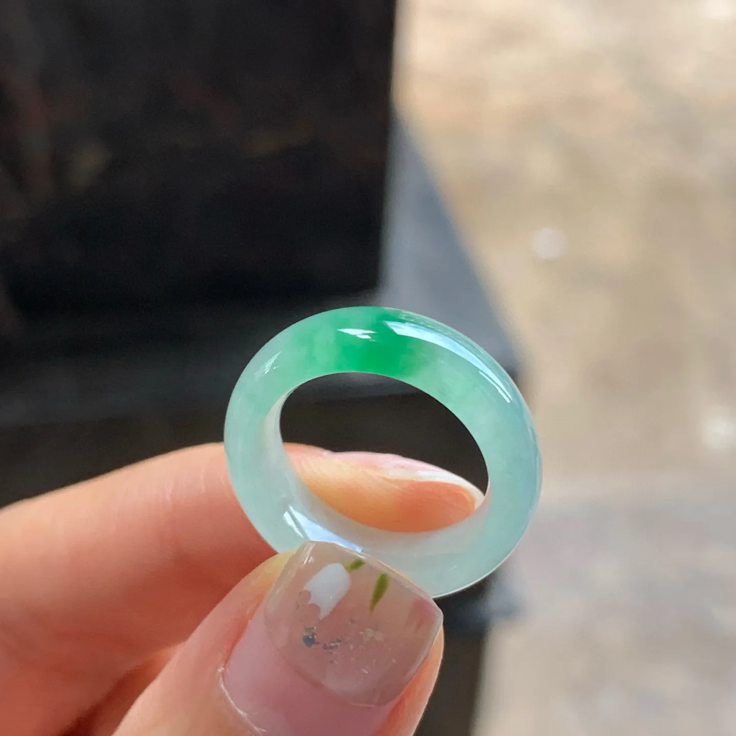 冰种绿花指环^_^冰透 飘花好看 种水足