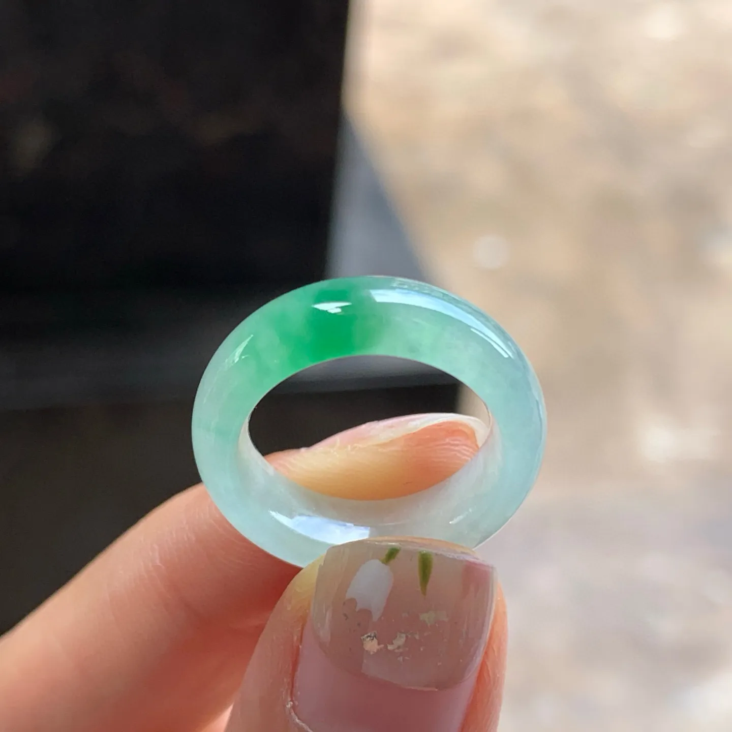 冰种绿花指环^_^冰透 飘花好看 种水足