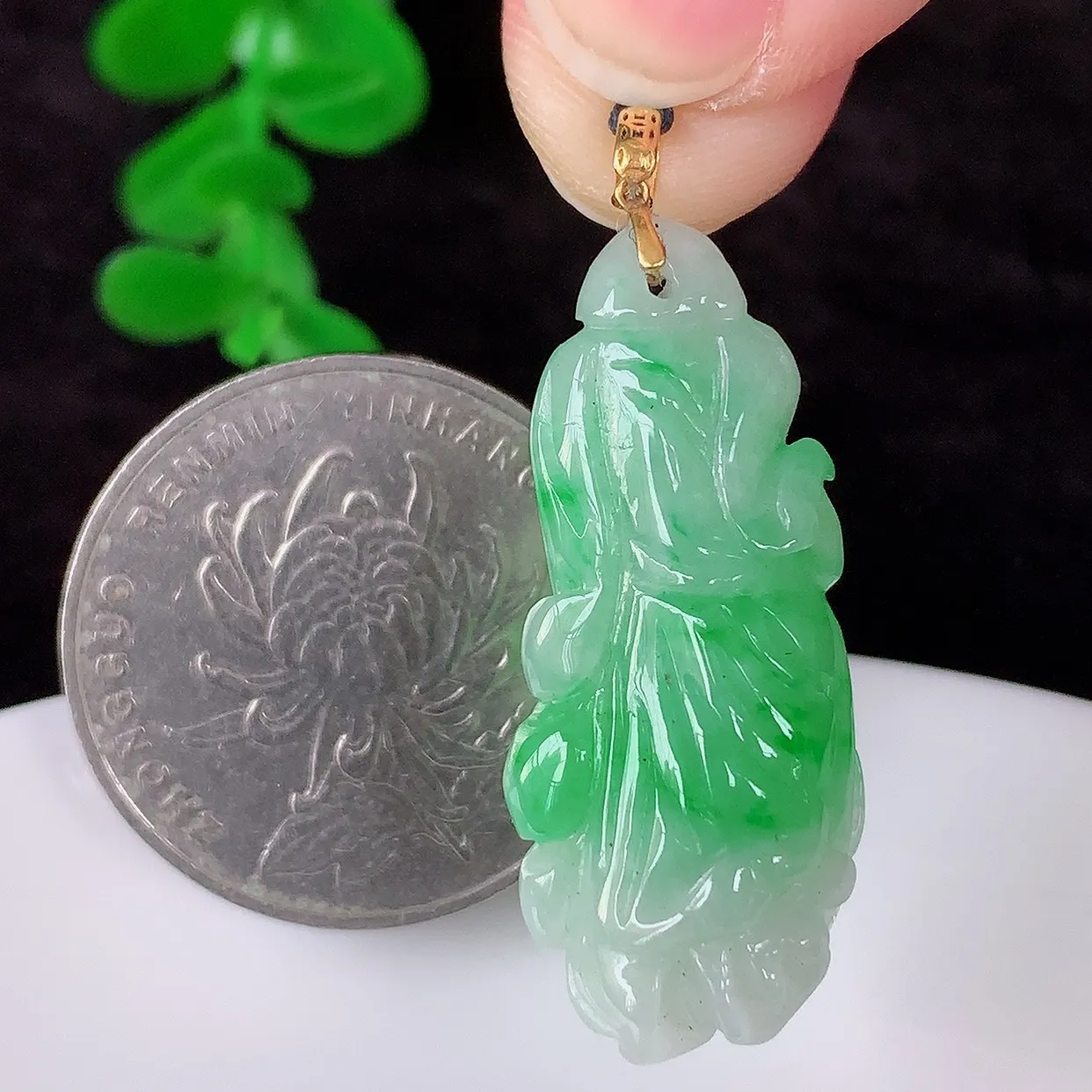 自然光实拍，18K金镶嵌冰润冰糯种飘阳绿翡翠招百财白菜吊坠，百财聚来 财源滚滚，色泽鲜艳，精工水润的白菜，性价比高！#1.28
