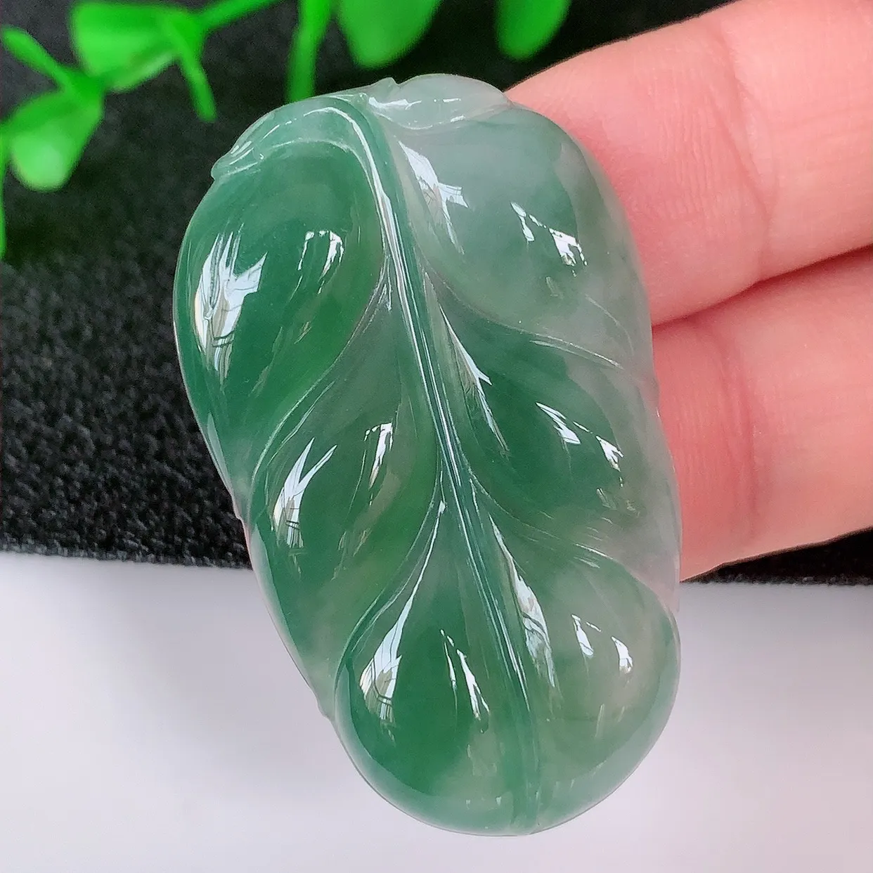 自然光实拍，冰润冰种飘花翡翠事业有成叶子吊坠，莹润且起胶，叶子清秀优雅，佩戴大业有成！#01.28