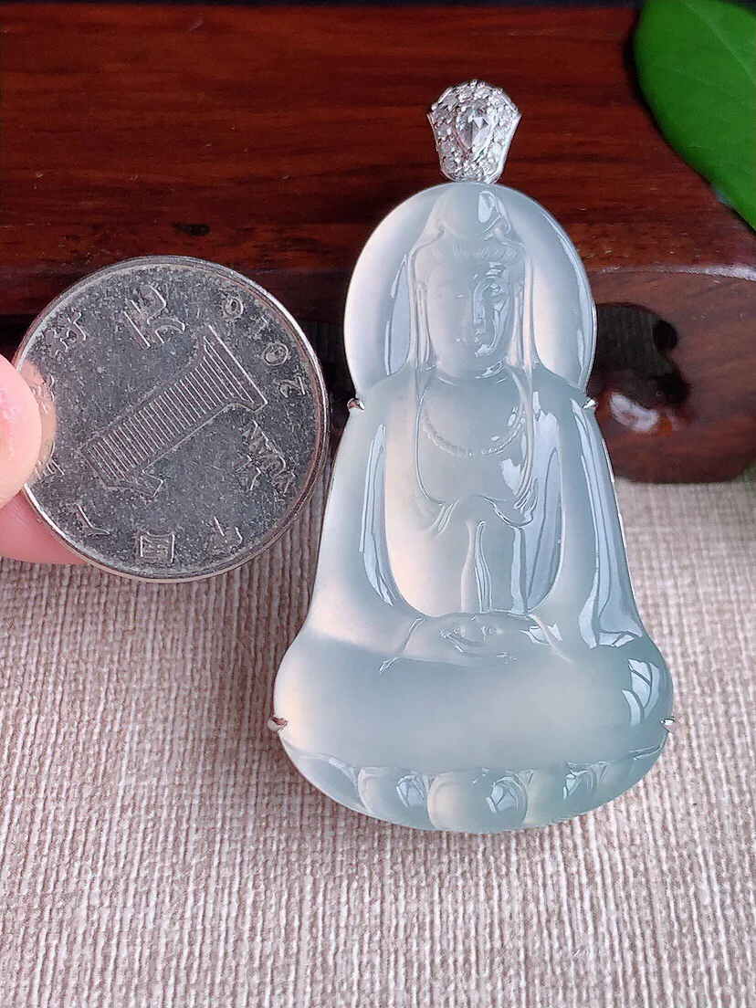 a货翡翠老坑冰种18K金伴钻镶嵌白月光正装观音吊坠 尺寸56×47.5×29×11mm 重量18.39g 0629