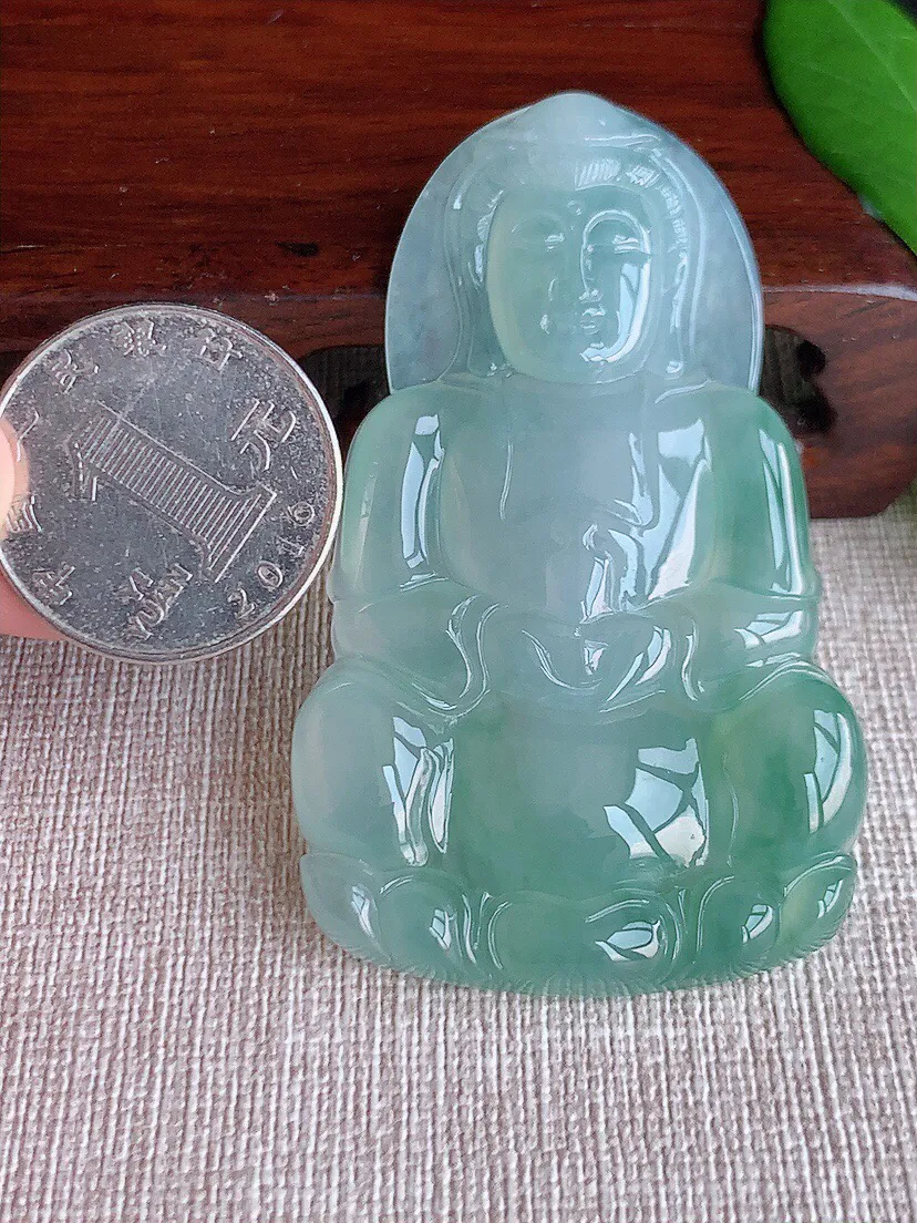 a货翡翠老坑冰种飘花大正装观音吊坠 尺寸65×39.6×6.4mm 重量29.18g 0629