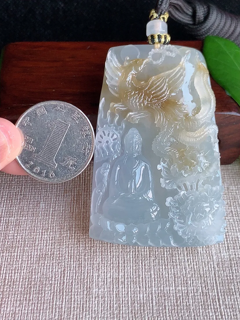 天然A货翡翠飘黄翡御凤观音吊坠 尺寸61.8×40×10.5m量61.33g 0629