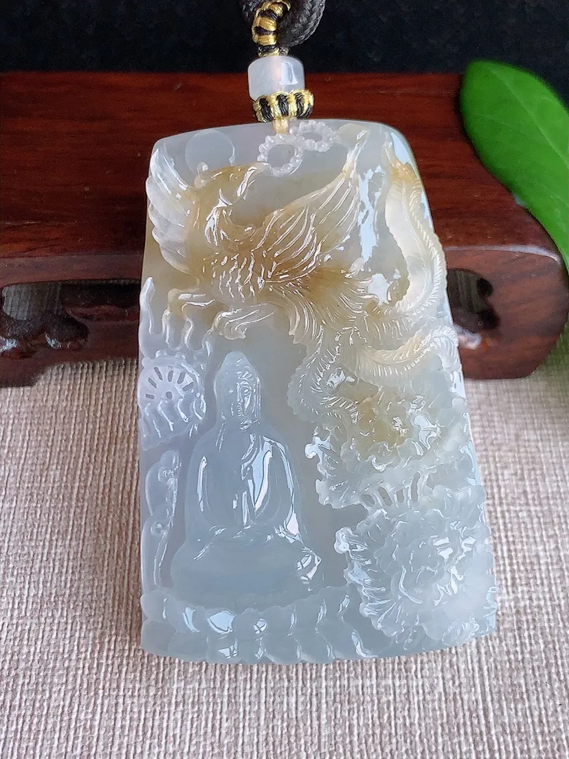 天然A货翡翠飘黄翡御凤观音吊坠 尺寸61.8×40×10.5m量61.33g 0629