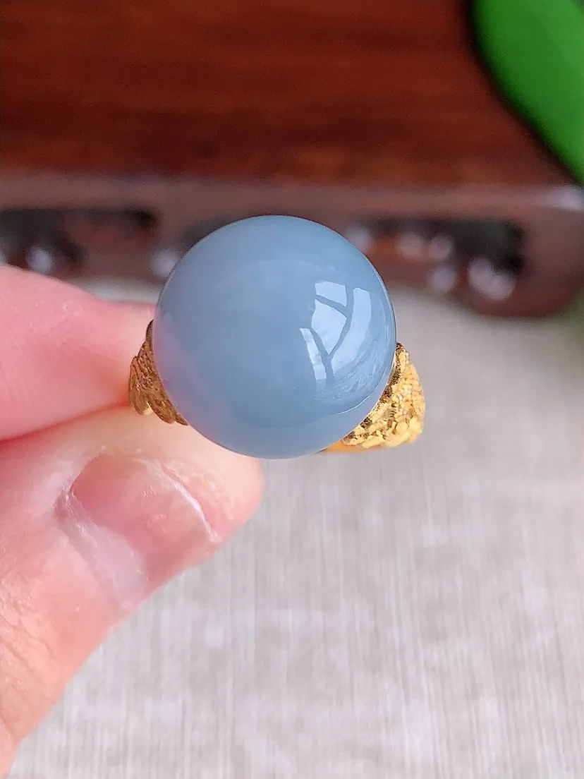 天然A货翡翠18K金镶嵌紫罗兰圆珠转运珠戒指 圈口17.2裸石尺寸13.2mm 重量6.15g 07