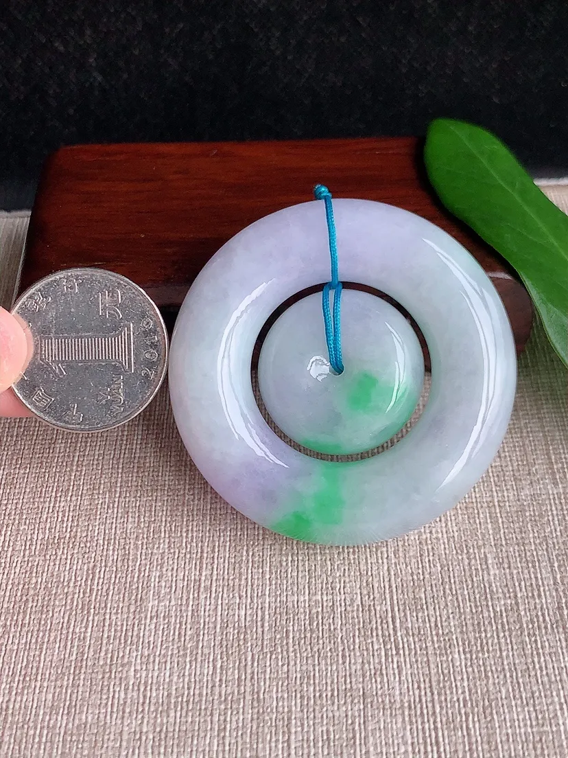 天然A货翡翠冰润春彩紫罗兰飘绿子母平安扣吊坠尺寸52×12m量70.13g 0701