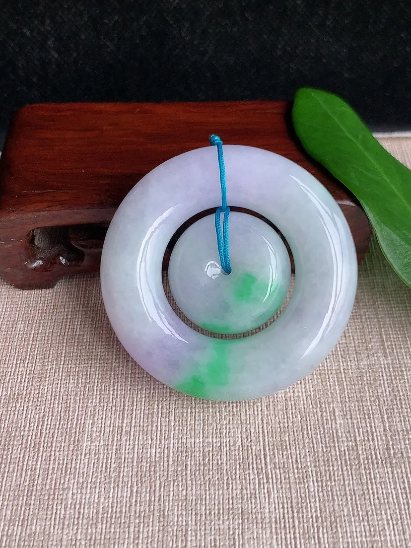 天然A货翡翠冰润春彩紫罗兰飘绿子母平安扣吊坠尺寸52×12m量70.13g 0701