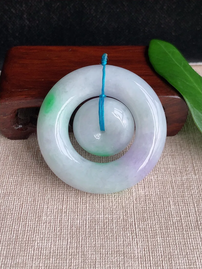 天然A货翡翠冰润春彩紫罗兰飘绿子母平安扣吊坠尺寸52×12m量70.13g 0701