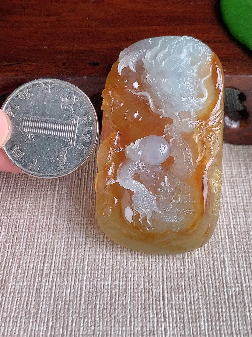 天然A货翡翠飘黄翡龙牌鱼跃龙门吊坠尺寸51.8×29.2×13.5m量35.75g 0701