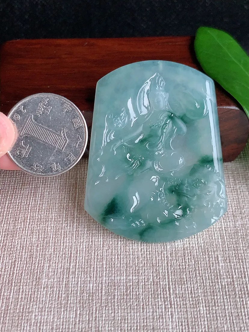 天然A货翡翠飘花文殊菩萨吊坠尺寸54.6×42×4.7m量27.36g 0701