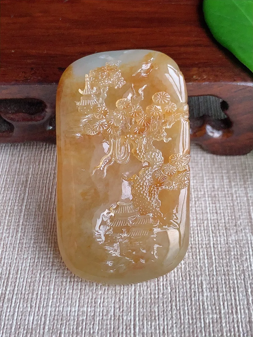 天然A货翡翠飘黄翡龙牌鱼跃龙门吊坠尺寸51.8×29.2×13.5m量35.75g 0701