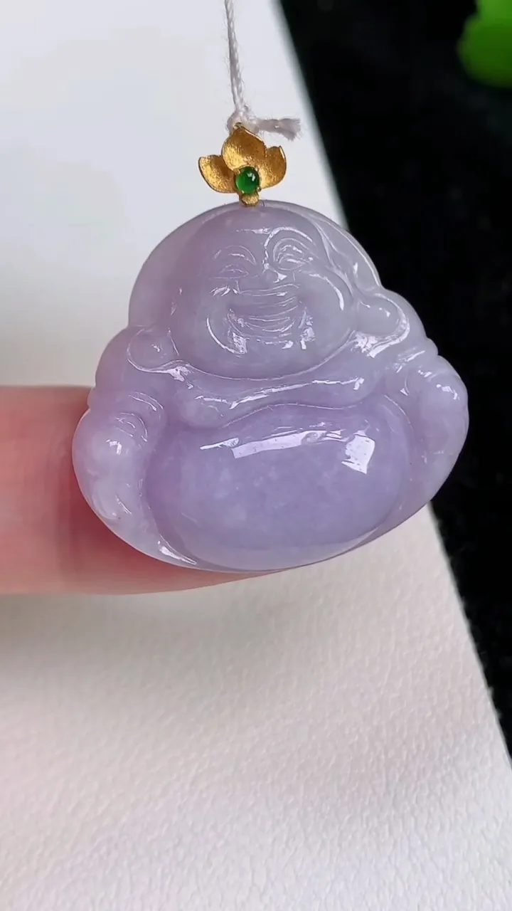 天然A货翡翠18k金紫罗兰佛公吊坠，尺寸25.5-27.5-5.2，重量:6.52g
7月3日