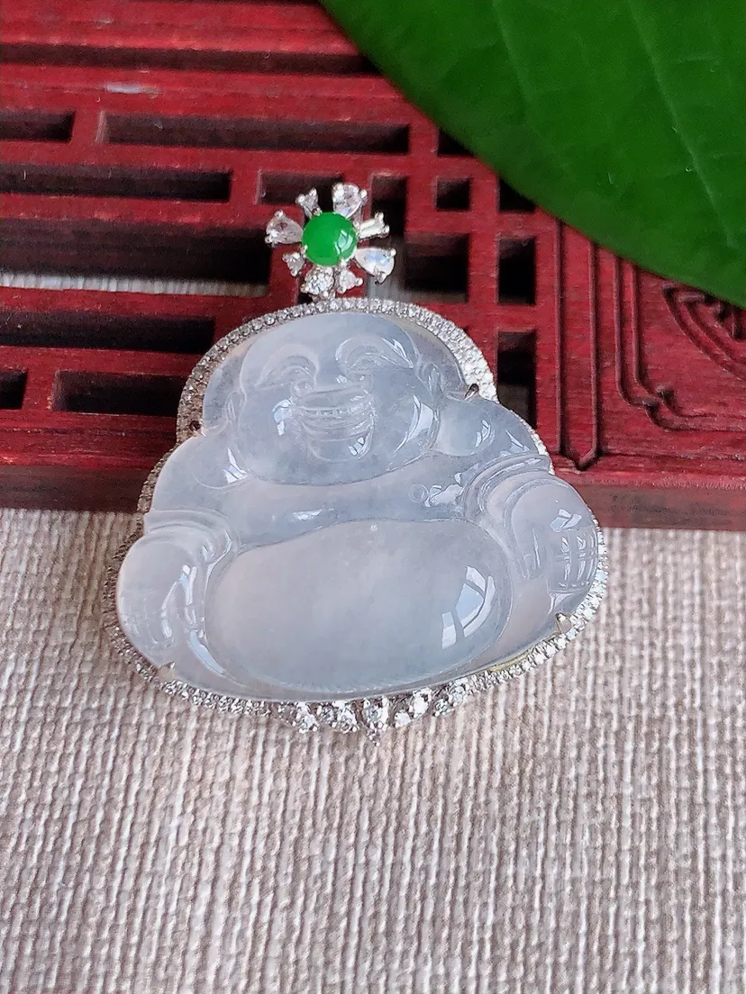 天然A货翡翠18K金伴白月光佛公吊坠尺寸34.6×30.2×8.8裸石22.4×28.2m量7.70g 0702
