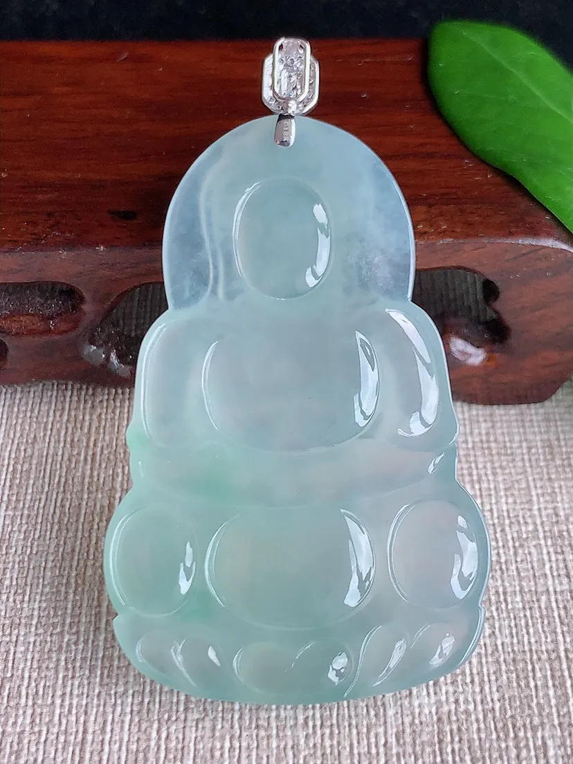 天然A货翡翠18K金伴晴水正装观音吊坠尺寸65.4×57.2×36.3×6m量23.40g 0702