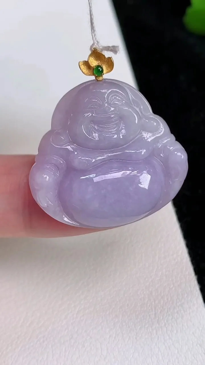 天然A货翡翠18k金紫罗兰佛公吊坠，尺寸25.5-27.5-5.2，重量:6.52g
7月3日