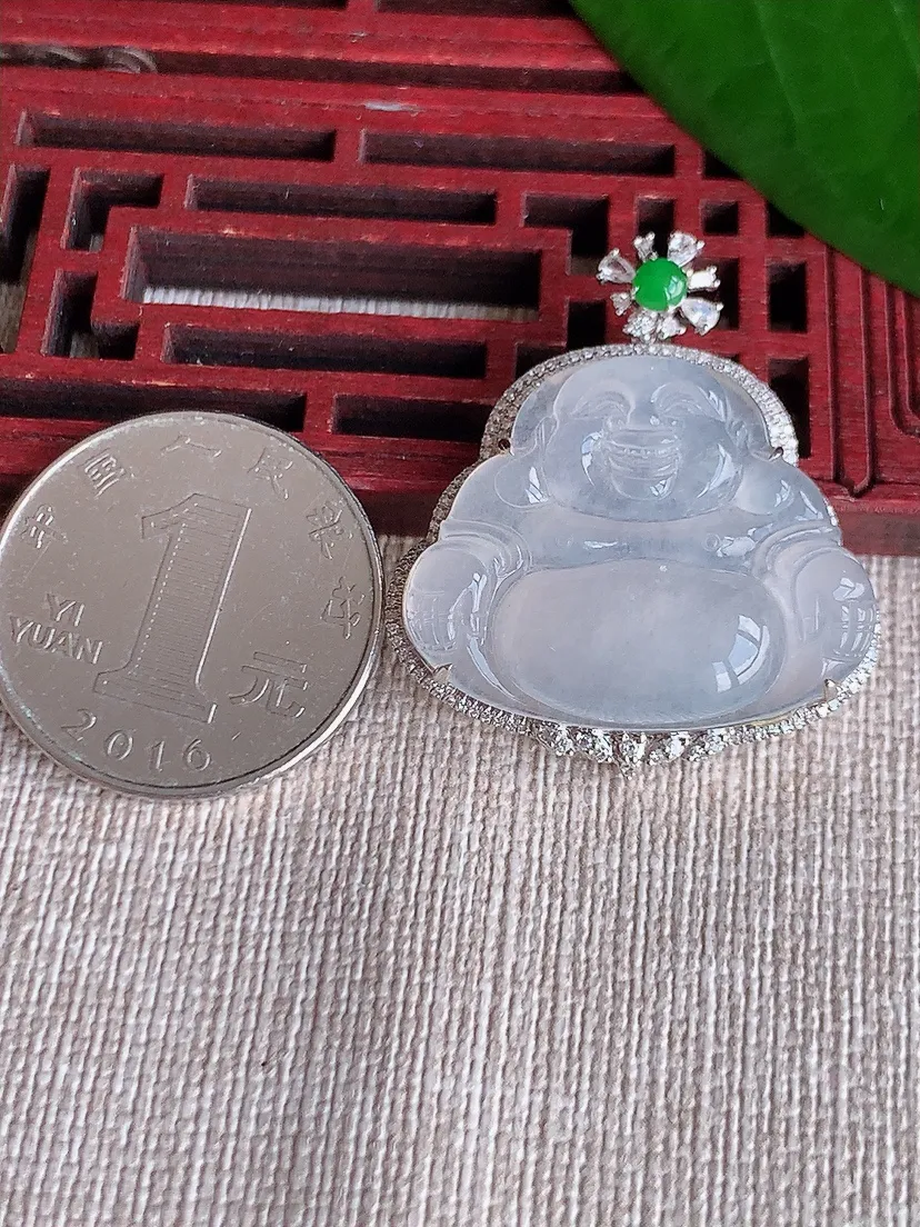 天然A货翡翠18K金伴白月光佛公吊坠尺寸34.6×30.2×8.8裸石22.4×28.2m量7.70g 0702