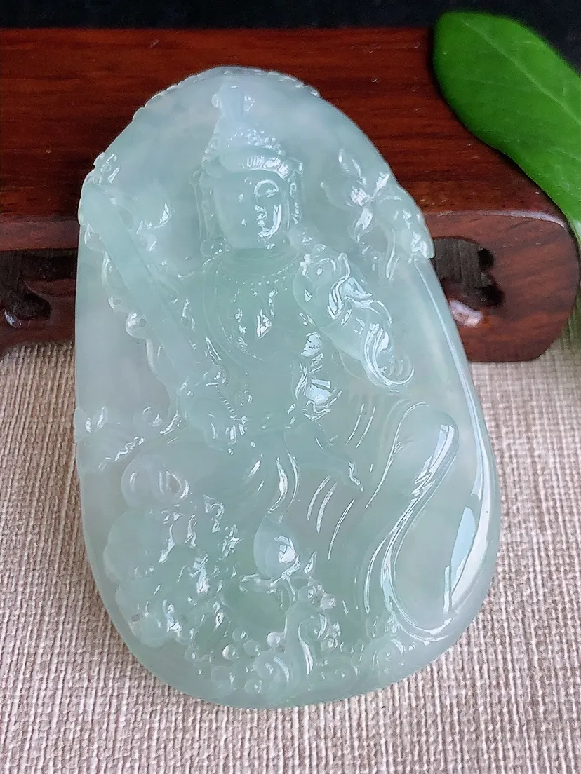 天然A货翡翠晴水文殊菩萨吊坠尺寸73.5×44×8m量53.58g 0702