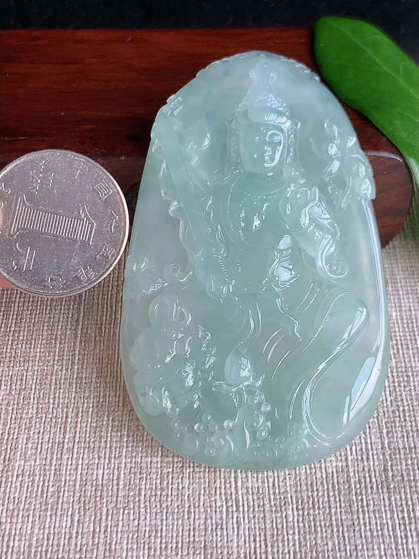天然A货翡翠晴水文殊菩萨吊坠尺寸73.5×44×8m量53.58g 0702