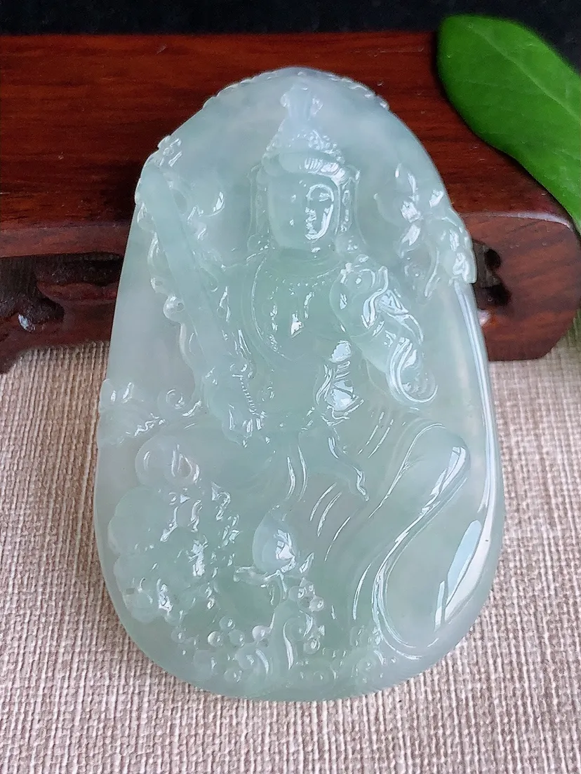 天然A货翡翠晴水文殊菩萨吊坠尺寸73.5×44×8m量53.58g 0702