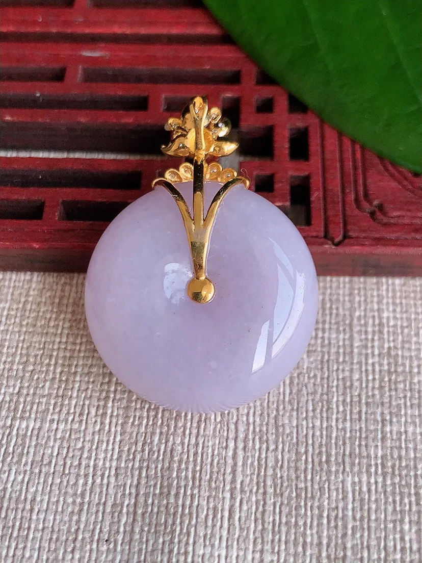 天然A货翡翠18K金伴紫罗兰平安扣吊坠尺寸36.3×25.7×12.4m量18.75g 0704