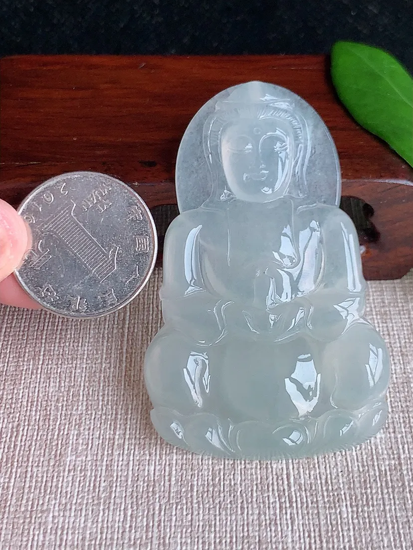 天然A货翡翠白月光大正装观音吊坠尺寸64.5×40.3×5.8m量27.22g 0704