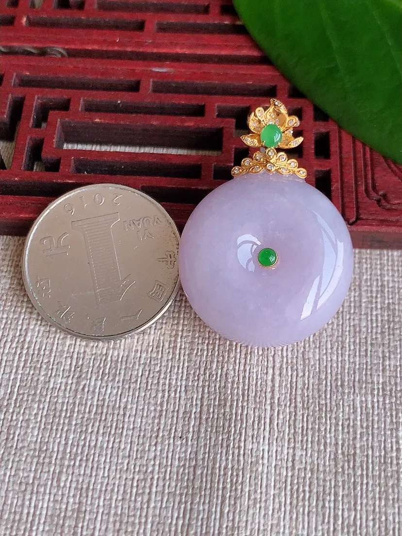 天然A货翡翠18K金伴紫罗兰平安扣吊坠尺寸36.3×25.7×12.4m量18.75g 0704