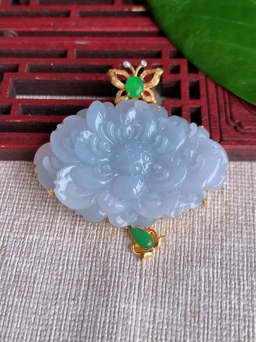 天然A货翡翠18K紫罗兰荷花和吊坠 尺寸44×27×41×9m量13.28g 0704