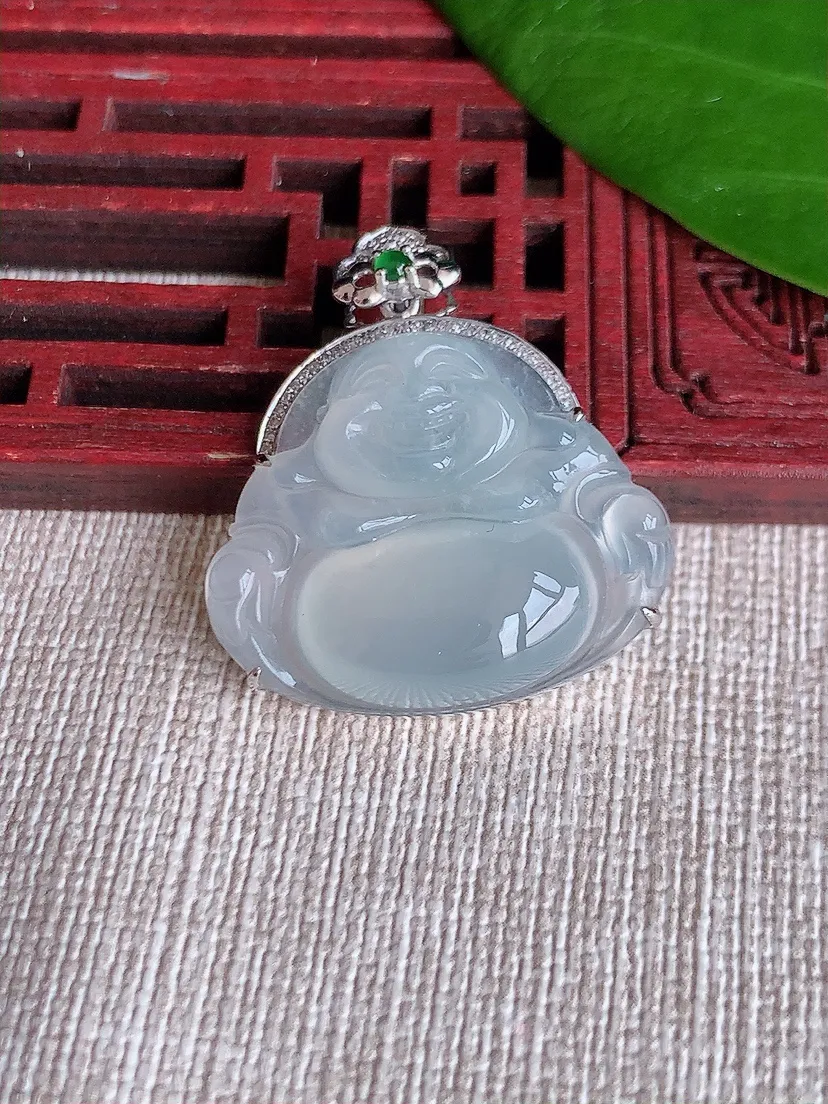 天然A货翡翠18K金伴白月光佛公吊坠尺寸30×21.8×26.5×6.6m量6.63g 0704