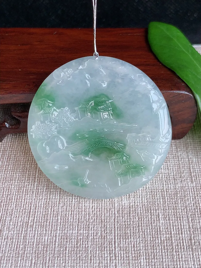 天然A货翡翠飘花意境山水牌吊坠尺寸48.5×5m量25.82g 0704