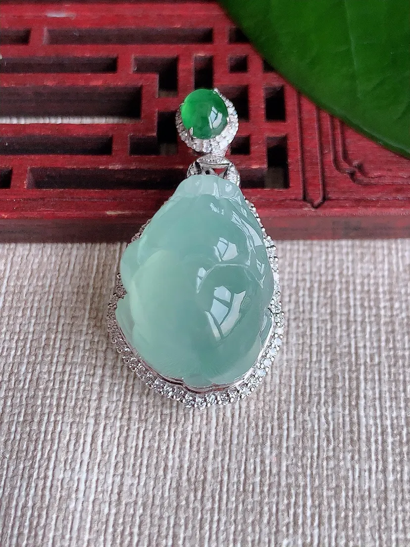 天然A货翡翠18K金伴晴水招财貔貅吊坠尺寸35.5×18.7×16裸石20×15.6m量9.89g 0704