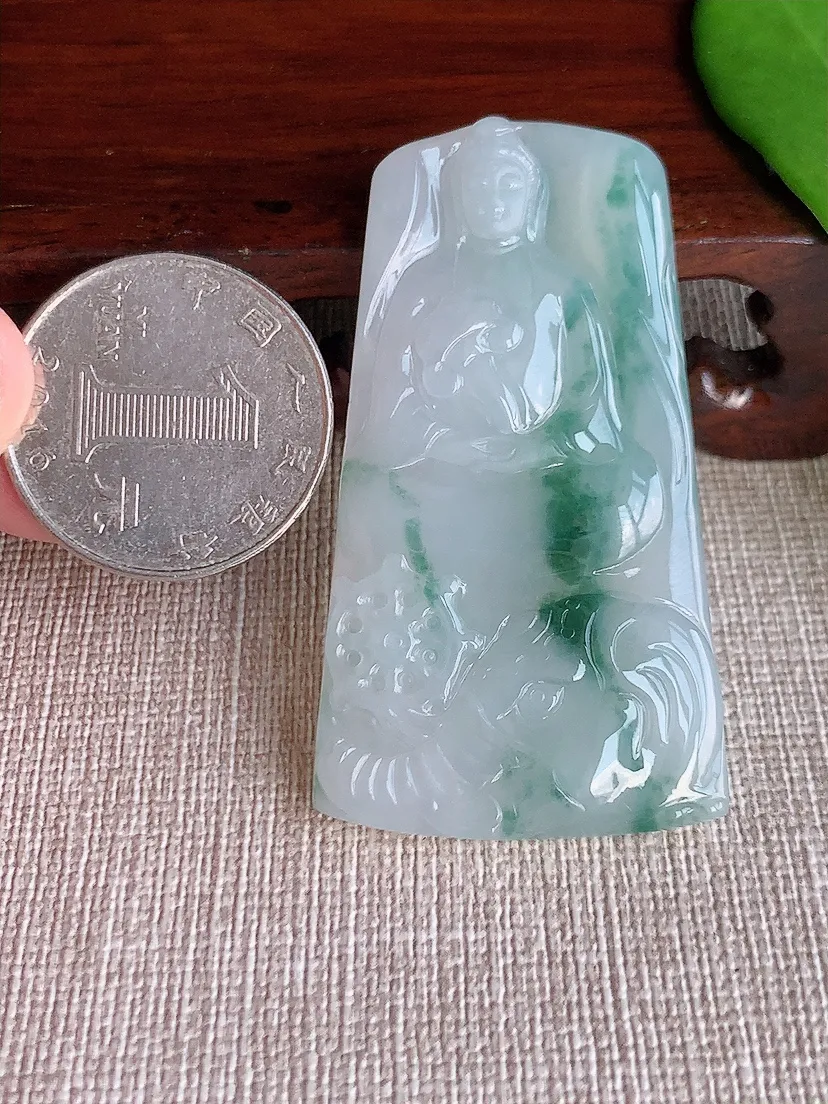 天然A货翡翠飘花普贤菩萨吊坠尺寸54×30×5m量19.75g 0709